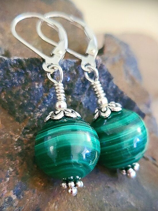 Artisan Jewelry - Malachite Gemstone Earrings 925 Sterling Silver Dangles Artisan Handcrafted